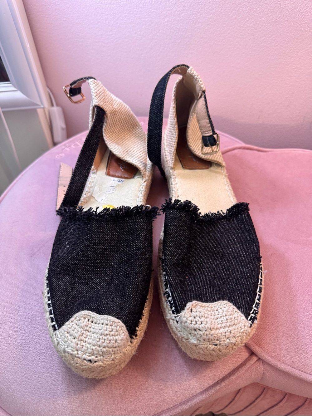 Jellypop Black Frayed Canvas Espadrille Wedge Slingback